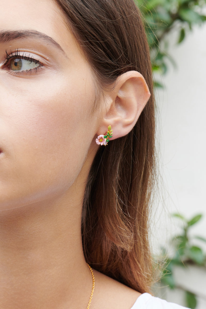 RABBIT AND PINK FLOWER ASYMMETRICAL STUD EARRINGS