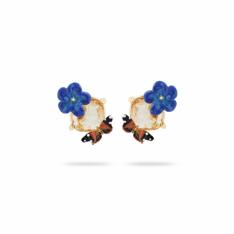 BLUE FLAX FLOWER, FACETED GLASS & BUTTERFLY POST EARRINGS