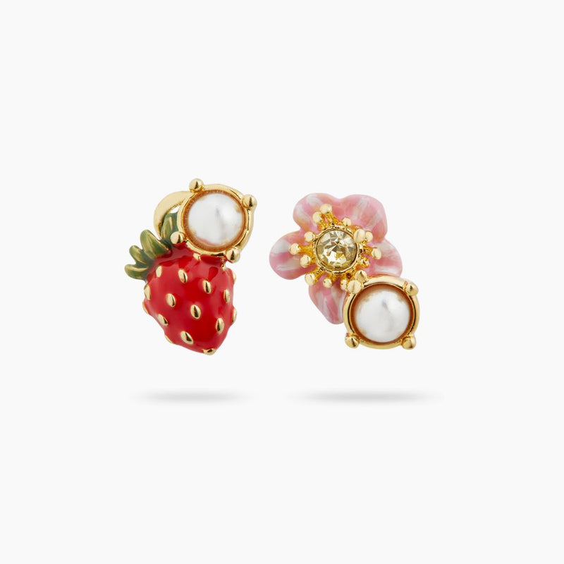 ASYMMETRICAL WILD STRAWBERRY & PINK FLOWER POST EARRINGS