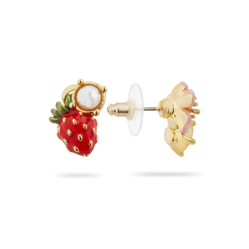 ASYMMETRICAL WILD STRAWBERRY & PINK FLOWER POST EARRINGS