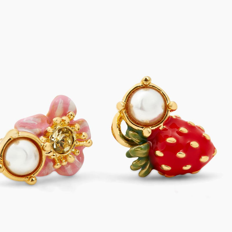 ASYMMETRICAL WILD STRAWBERRY & PINK FLOWER POST EARRINGS