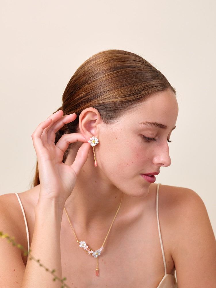 WHITE FLOWER & PINK PEARL POST EARRINGS