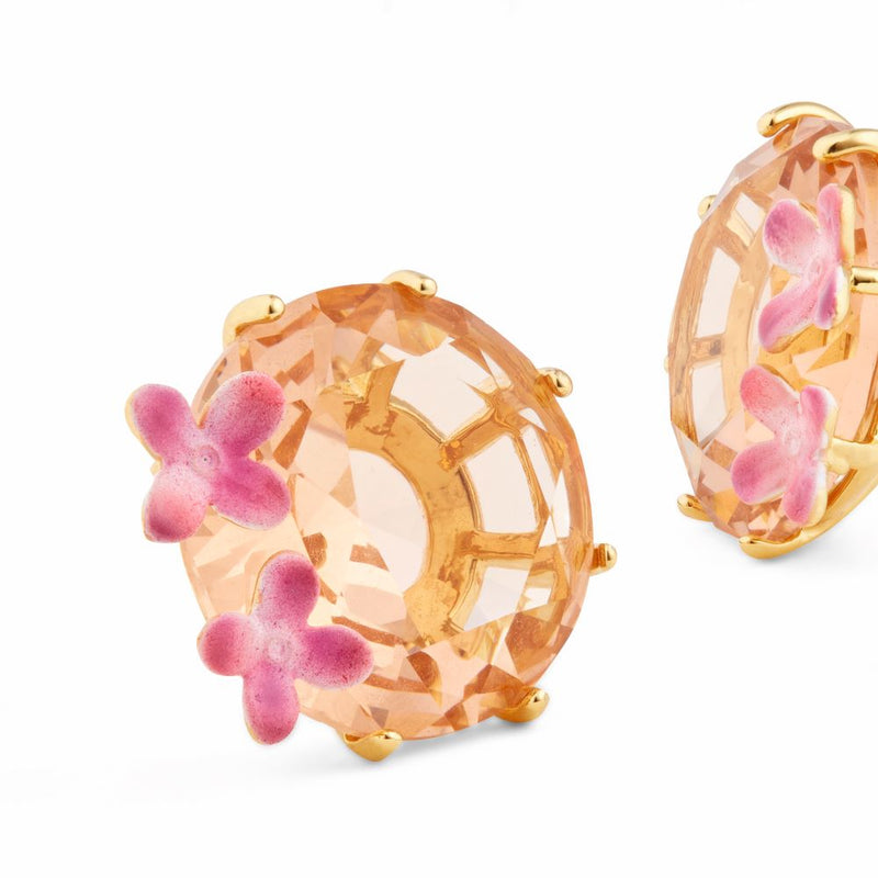 APRICOT PINK DIAMANTINE FLOWER & ROUND STONE POST EARRINGS