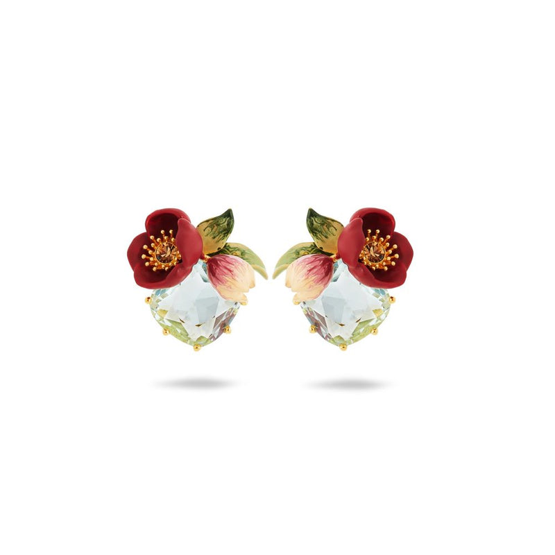 RED HELLEBORE & FACETED STONE EARRINGS