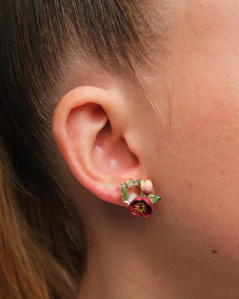 RED HELLEBORE & FACETED STONE EARRINGS