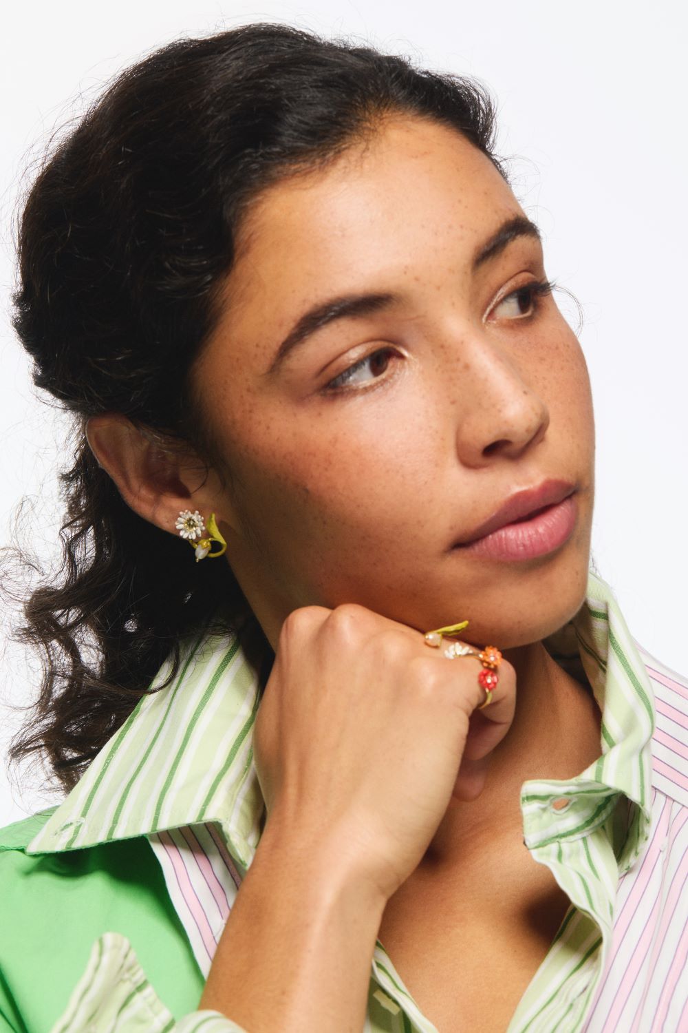 WHITE & GREEN DAISY HOOPS WITH MOTHER OF PEARL BEAD