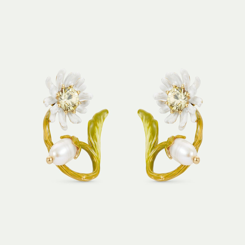 WHITE GREEN DAISY HOOPS WITH MOTHER OF PEARL BEAD – Les Néréides