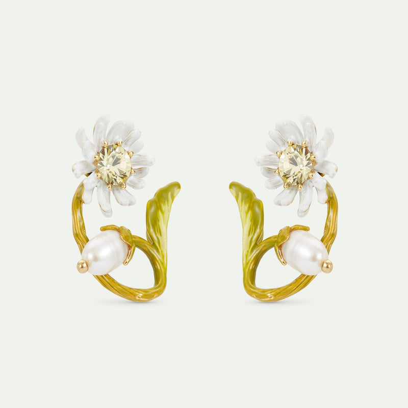 WHITE & GREEN DAISY HOOPS WITH MOTHER OF PEARL BEAD