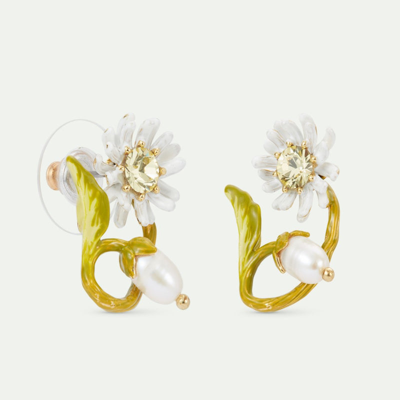 WHITE & GREEN DAISY HOOPS WITH MOTHER OF PEARL BEAD
