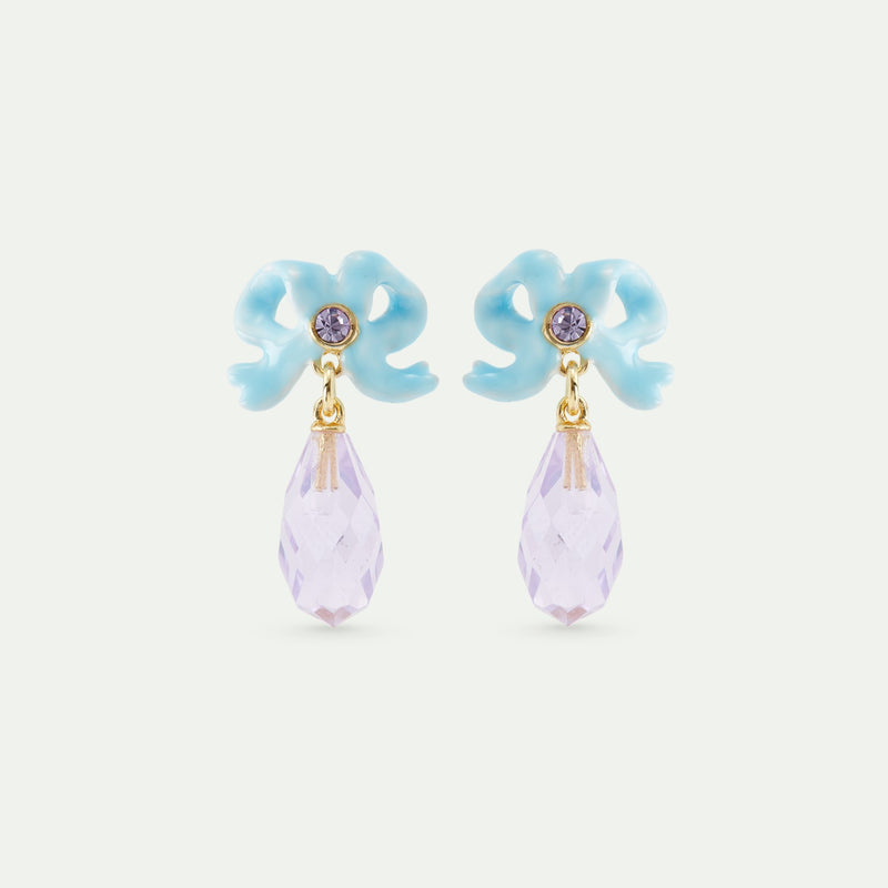 WEDDING POST EARRINGS WITH BLUE RIBBON & DANDLING PURPLE CUT STONE