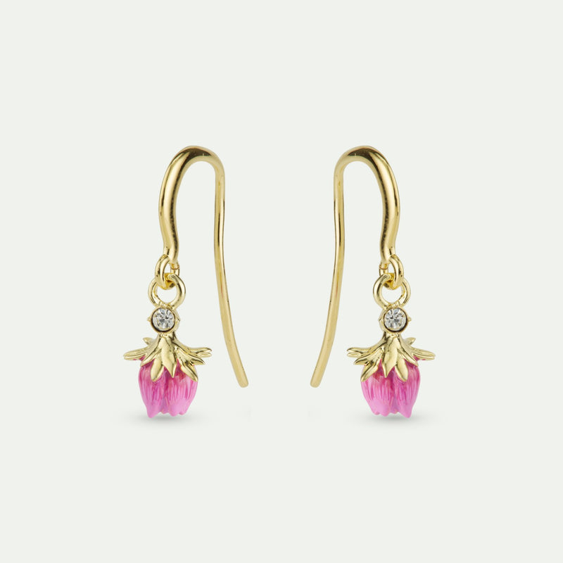 DANGLING ROSEBUD HOOK EARRINGS WITH A WHITE CRYSTAL