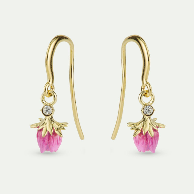 DANGLING ROSEBUD HOOK EARRINGS WITH A WHITE CRYSTAL