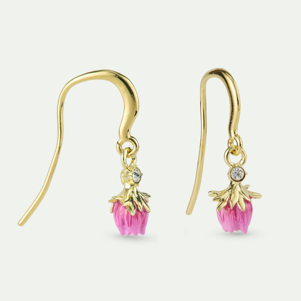 DANGLING ROSEBUD HOOK EARRINGS WITH A WHITE CRYSTAL