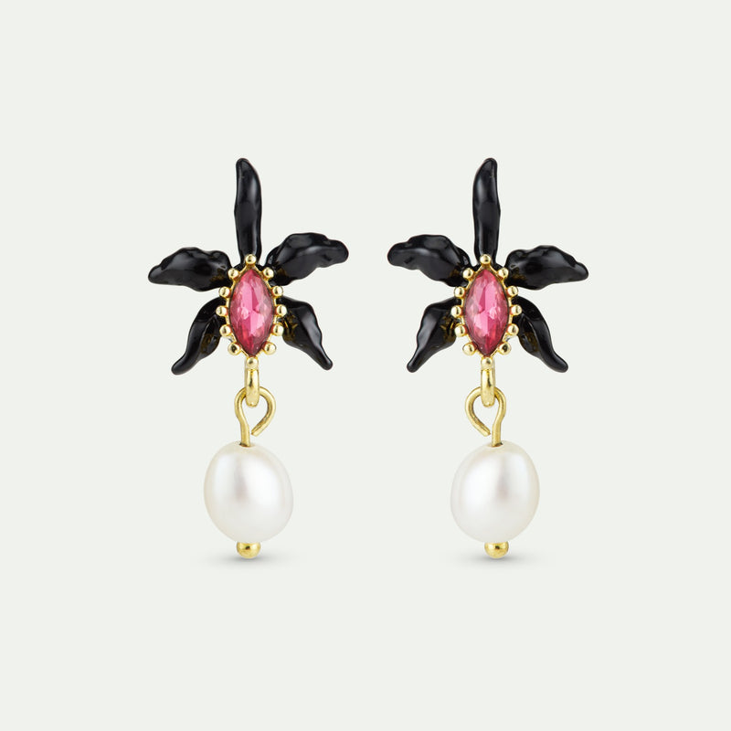 BLACK ORCHID & CULTERED PEARL EARRINGS