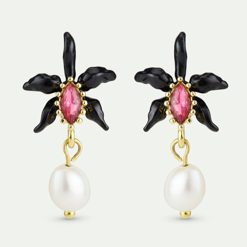 BLACK ORCHID & CULTERED PEARL EARRINGS