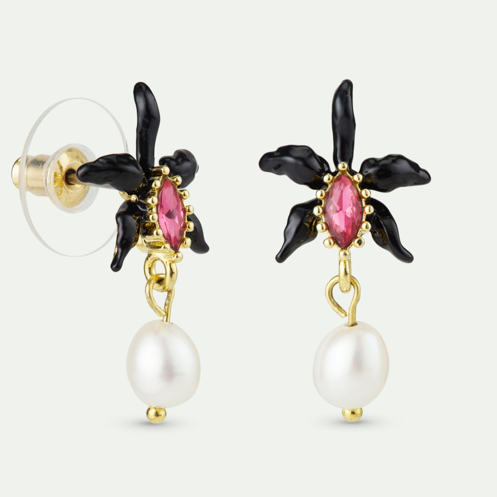 BLACK ORCHID & CULTERED PEARL EARRINGS