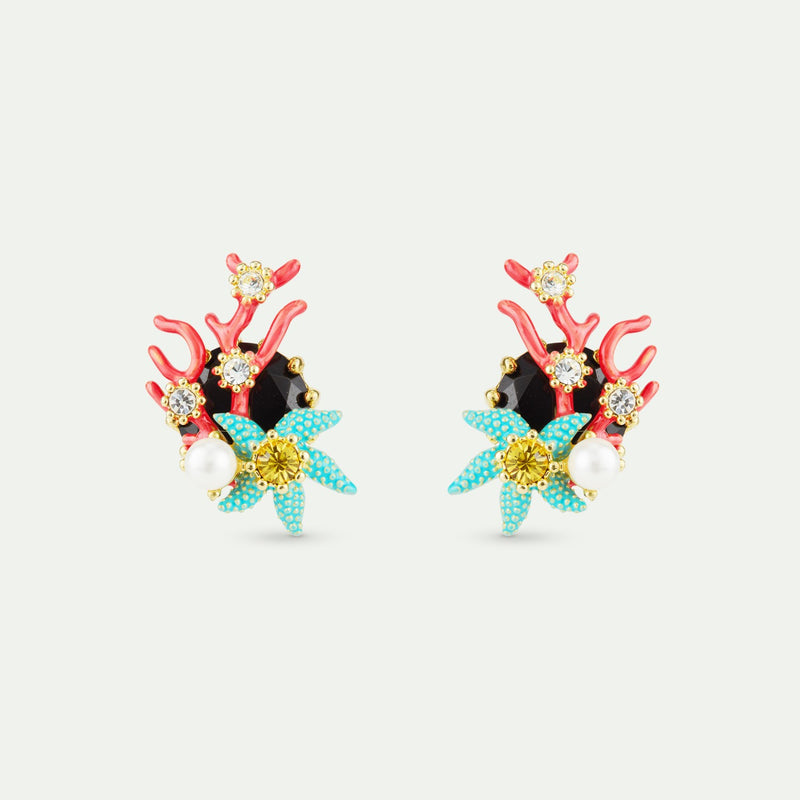 POST EARRINGS WITH BLACK FACETED STONE, RED CORAL & BLUE STARFISH