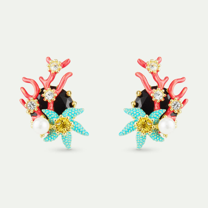 POST EARRINGS WITH BLACK FACETED STONE, RED CORAL & BLUE STARFISH
