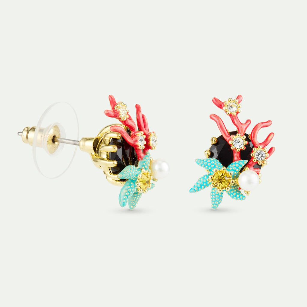 POST EARRINGS WITH BLACK FACETED STONE, RED CORAL & BLUE STARFISH