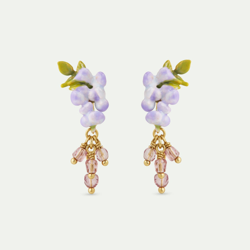 PURPLE WISTERIA, IVY & FACETED CRYSTAL BEAD DANGLE EARRINGS