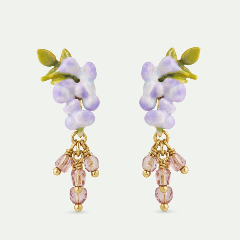 PURPLE WISTERIA, IVY & FACETED CRYSTAL BEAD DANGLE EARRINGS