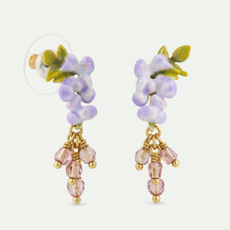 PURPLE WISTERIA, IVY & FACETED CRYSTAL BEAD DANGLE EARRINGS