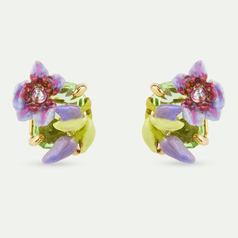 PURPLE CLEMATIS, IVY & EMERALD-CUT FACETED GREEN GLASS EARRINGS