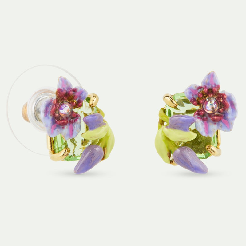 PURPLE CLEMATIS, IVY & EMERALD-CUT FACETED GREEN GLASS EARRINGS