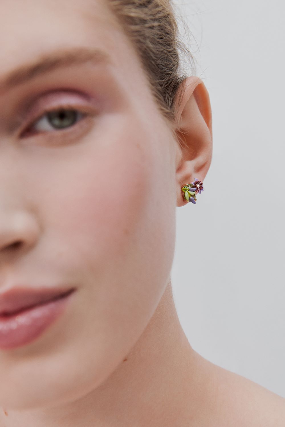 PURPLE CLEMATIS, IVY & EMERALD-CUT FACETED GREEN GLASS EARRINGS