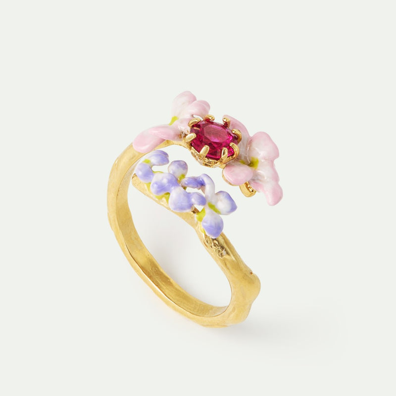 FACETED PINK GLASS & PURPLE WISTERIA ADJUSTABLE RING