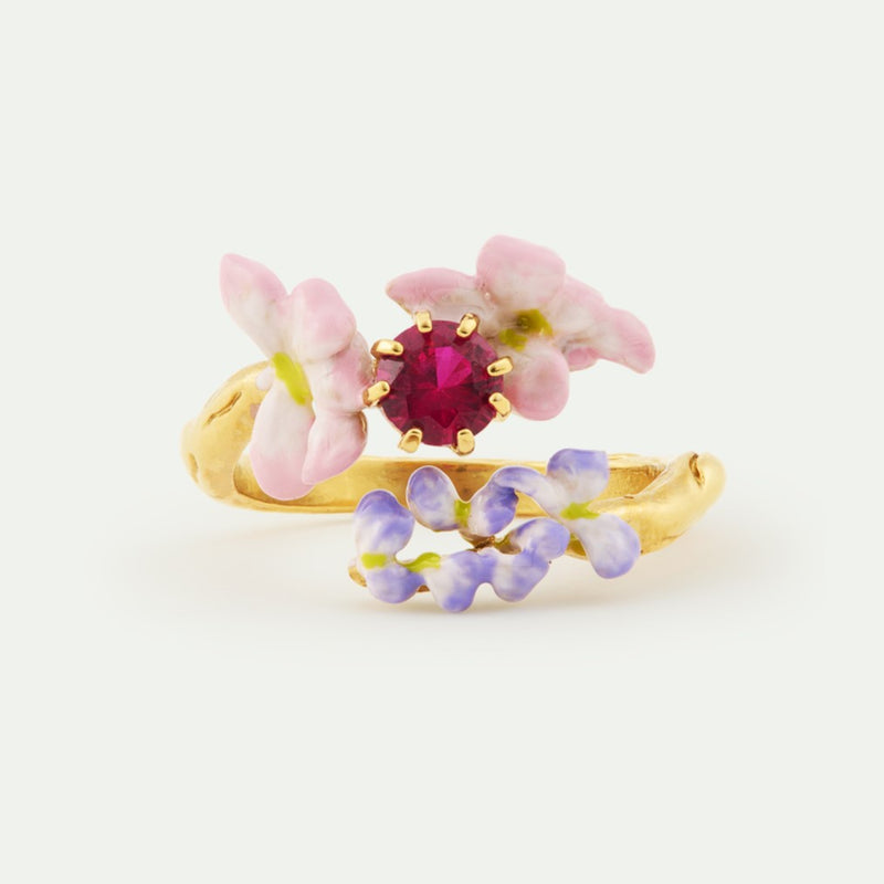 FACETED PINK GLASS & PURPLE WISTERIA ADJUSTABLE RING