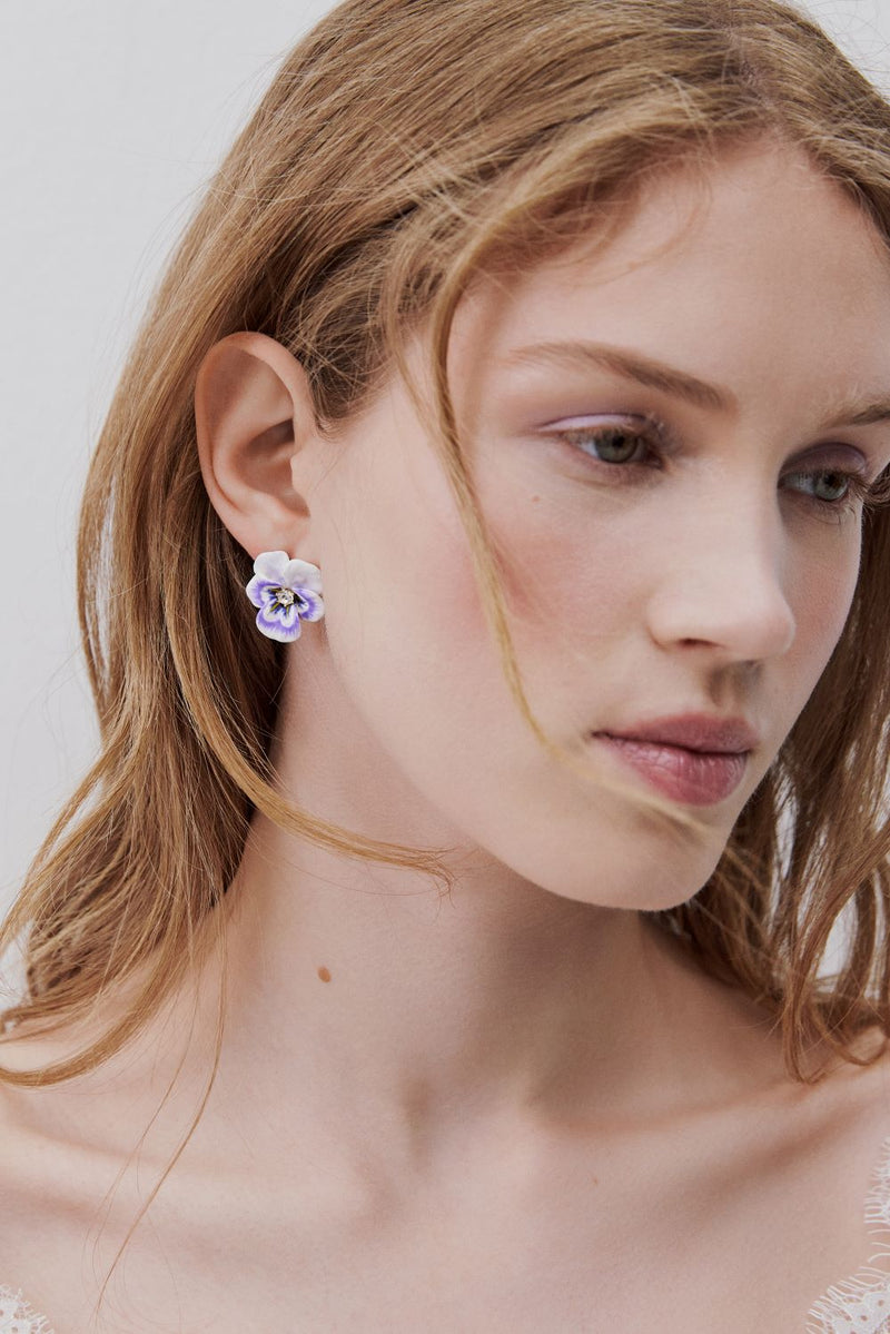 PURPLE PANSY & CUT CRYSTAL EARRINGS