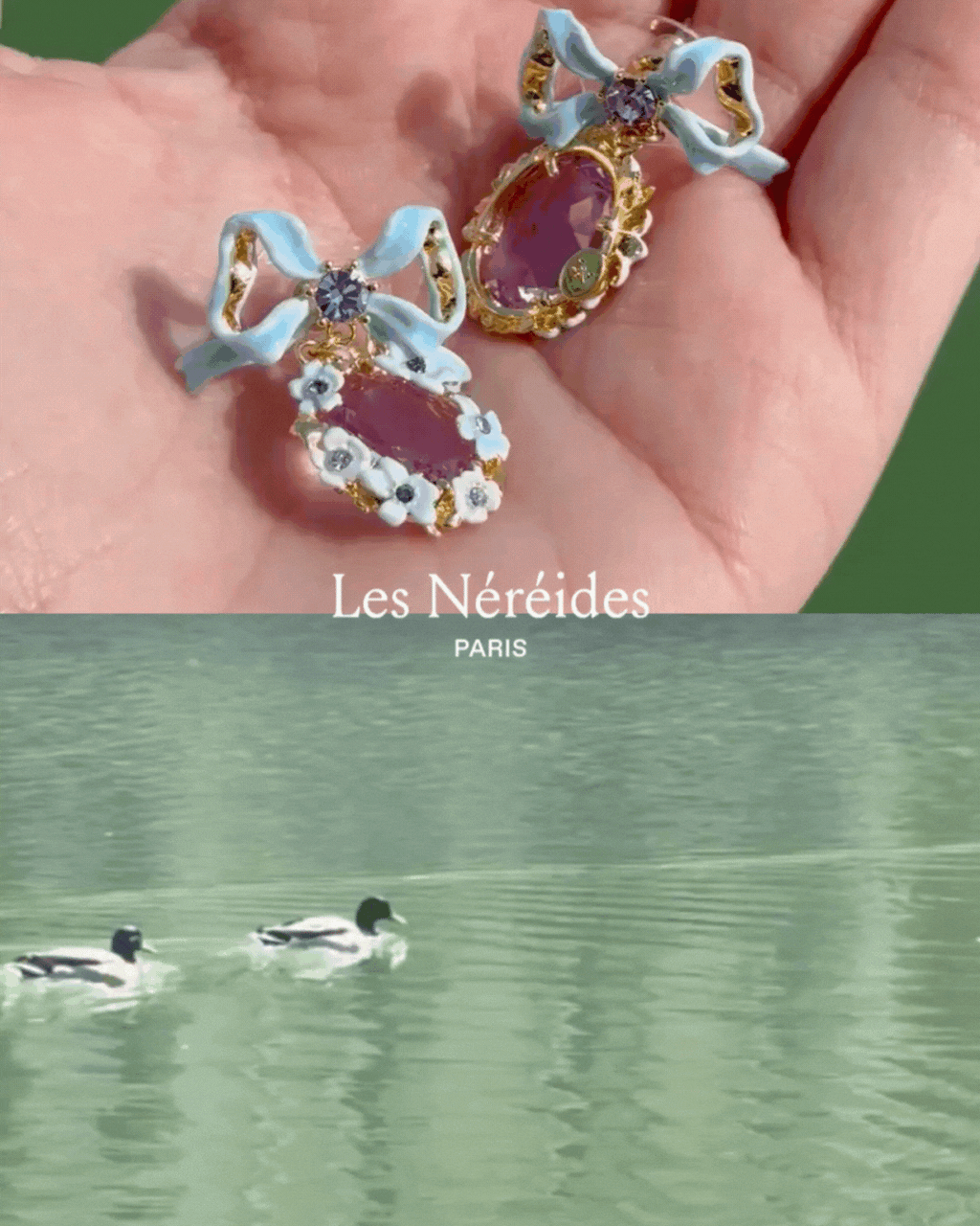 PURPLE FACETED STONE EARRINGS WITH FLOWER & BLUE BOW