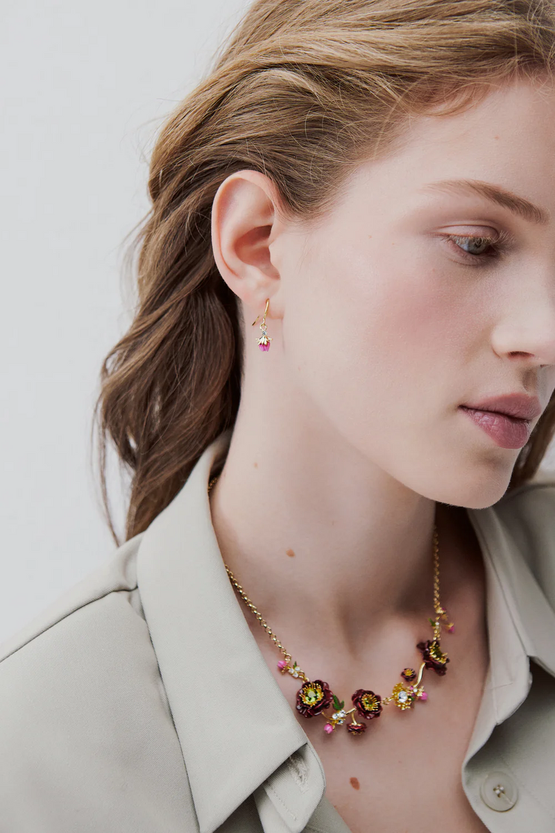 DANGLING ROSEBUD HOOK EARRINGS WITH A WHITE CRYSTAL