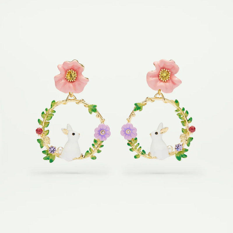 RABBIT ON FLOWERED BRANCH STUD CREOLES