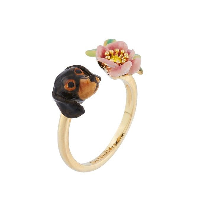 DACHSHUND'S FACE AND FLOWER ADJUSTABLE RING