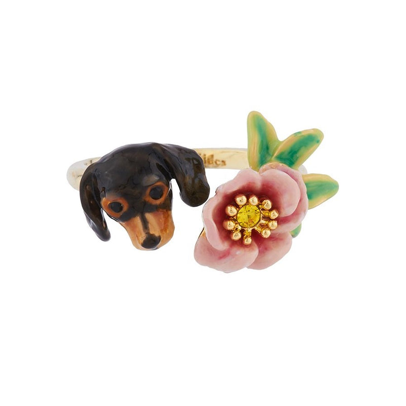 DACHSHUND'S FACE AND FLOWER ADJUSTABLE RING