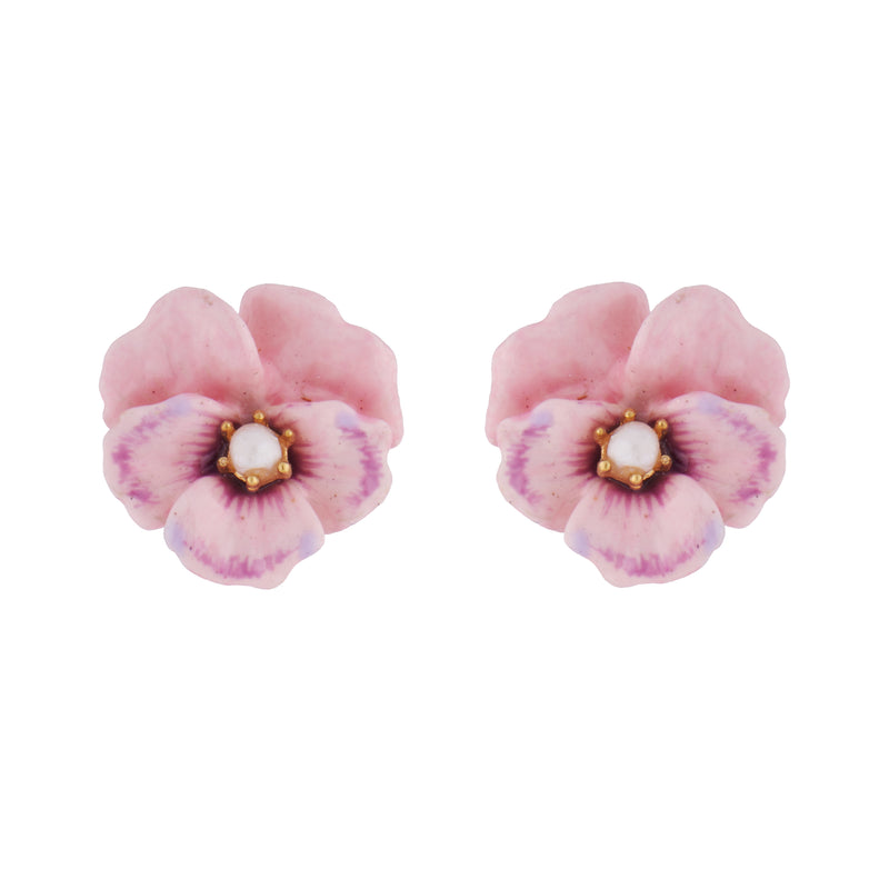 PINK PANSY AND FRESHWATER PEARL STUD EARRINGS