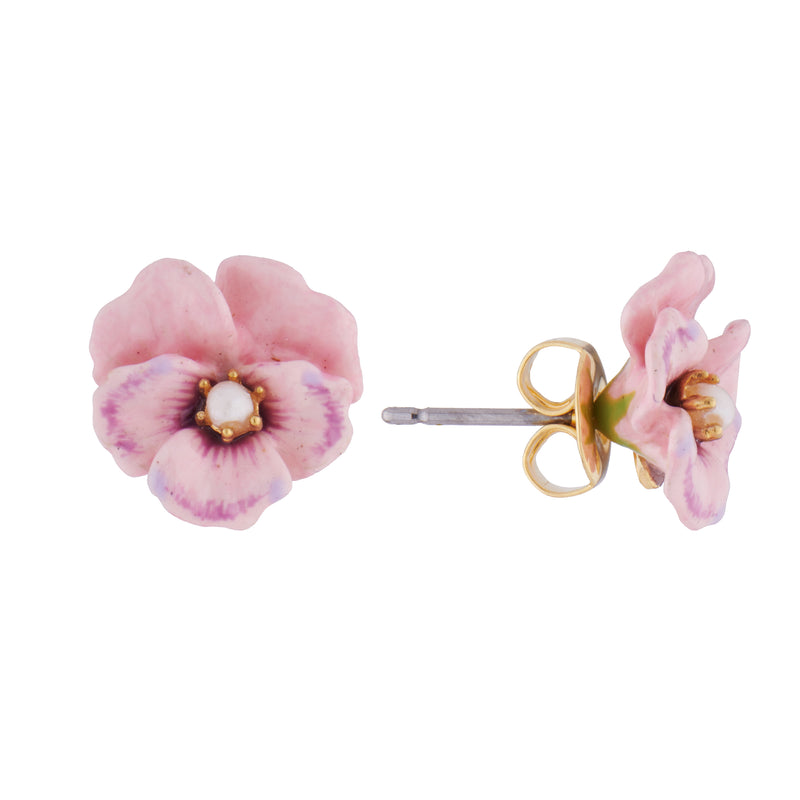 PINK PANSY AND FRESHWATER PEARL STUD EARRINGS