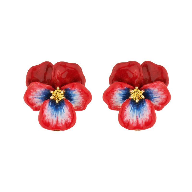 RED PANSY AND FACETED CRYSTAL STUD EARRINGS