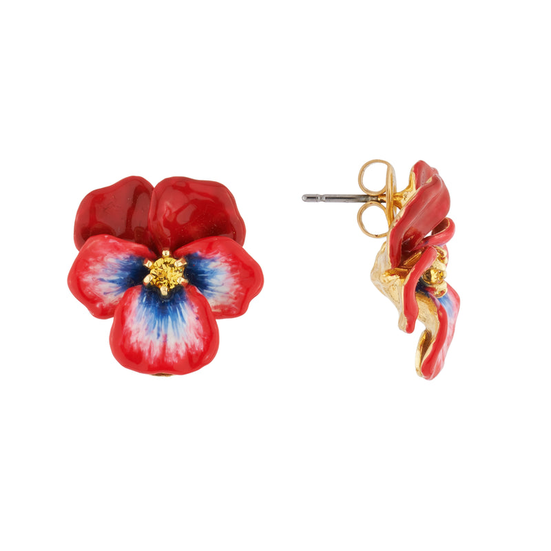 RED PANSY AND FACETED CRYSTAL STUD EARRINGS