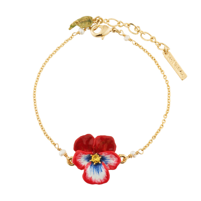 RED PANSY AND FACETED CRYSTAL THIN LINK CHAIN BRACELET