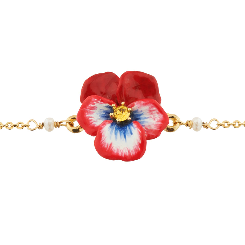 RED PANSY AND FACETED CRYSTAL THIN LINK CHAIN BRACELET