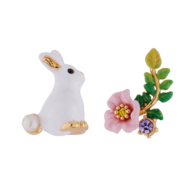 RABBIT AND PINK FLOWER ASYMMETRICAL STUD EARRINGS