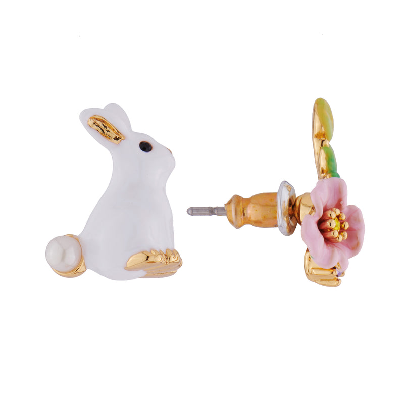 RABBIT AND PINK FLOWER ASYMMETRICAL STUD EARRINGS