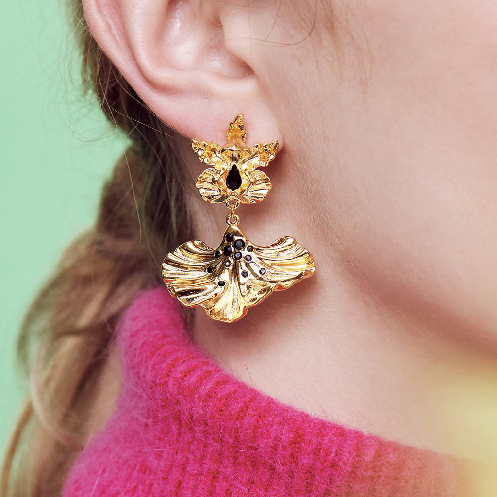 FLAMBOYANT ORCHID PETAL AND CUT CRISTAL DANGLING EARRINGS