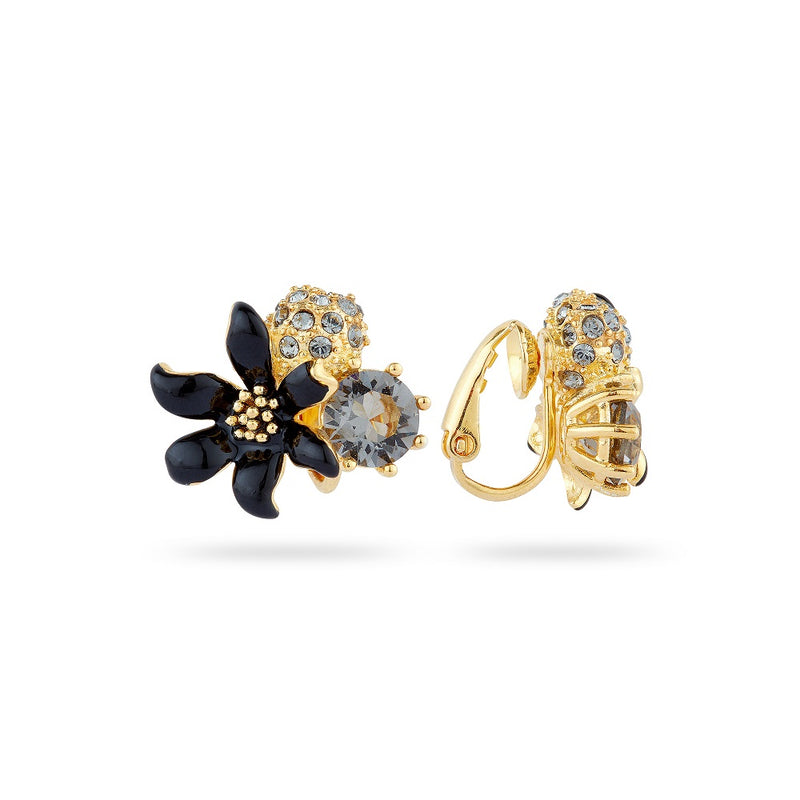 BLACK LILY & SPHERE PAVED WITH CRYSTAL CLIP-ON EARRINGS