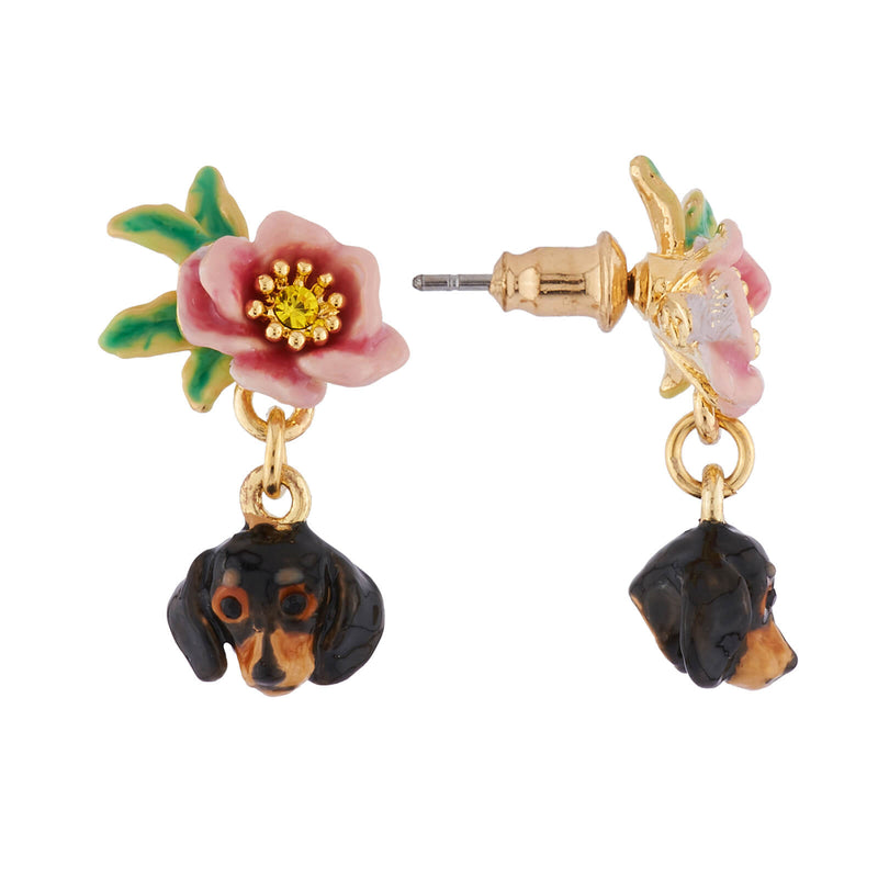 DACHSHUND'S FACE AND LITTLE FLOWER STUD EARRINGS